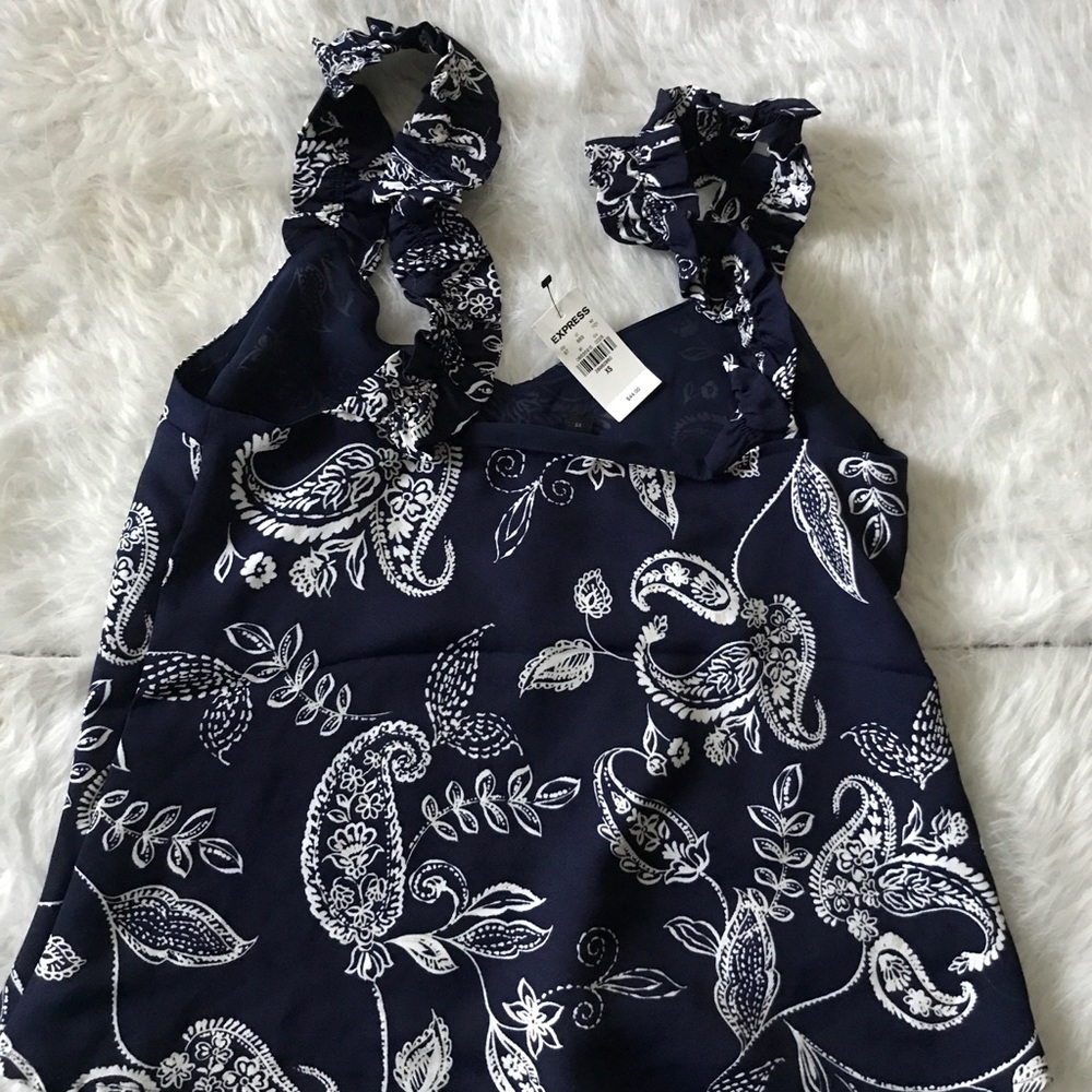 New express paisley ruffle strap tank top